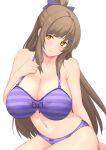  1girl bra breasts brown_hair cleavage commission embarrassed huge_breasts kaitofuuma long_hair looking_at_viewer navel original panties simple_background solo striped striped_bra striped_panties underwear very_long_hair white_background yellow_eyes 