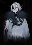  1girl absurdres arlecchino_(genshin_impact) black_background black_eyes black_hair cape expressionless fur_trim genshin_impact grey_hair highres looking_at_viewer simple_background solo syhan 