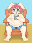  ahoge bangs beach belly chair clothing container cup floppy_ears furniture hair hare hi_res joshie_(calahootheyeen) lagomorph leporid male mammal milkshake moobs nipples on_chair overweight overweight_male pink_hair rabbit sand seaside sitting sitting_on_chair slightly_chubby solo swimming_trunks swimwear vicky_art whiskers 