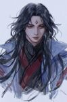  1boy bishounen black_hair closed_mouth eyelashes facial_mark film_grain forehead_mark grey_background long_hair luo_binghe male_focus red_eyes red_lips ren_zhafan_paijizu_xitong simple_background sketch solo upper_body zero_q_0q 