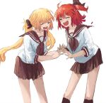  2girls ahoge artoria_caster_(fate) artoria_pendragon_(fate) blonde_hair blush bow brown_bow brown_neckerchief brown_sailor_collar closed_eyes fate/grand_order fate_(series) fujimaru_ritsuka_(female) hair_bow highres long_hair multiple_girls neckerchief orange_hair round_teeth sailor_collar school_uniform serafuku shirt side_ponytail sketch smile sprinkle_star_(sa_xing) teeth twintails upper_teeth white_background white_shirt 