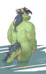  2017 absurd_res anthro asian_mythology blue_hair blush butt countershade_armpits countershade_legs countershade_tail countershade_torso countershading dragon east_asian_mythology eastern_dragon green_body green_scales hair hi_res horn lindong long_hair male morenatsu muscular muscular_male mythology partially_submerged ponytail rear_view scales simple_background slightly_chubby slightly_chubby_male smile snaggle_tooth solo tail_tuft tan_body tan_scales tatsuki_(morenatsu) tuft video_games visual_novel wet white_background 