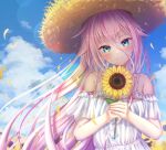  1girl absurdres bangs blue_eyes blue_ribbon blue_sky blush closed_mouth cloud dress floating_hair flower hair_between_eyes hat hatyomugi00 highres holding holding_flower ia_(vocaloid) lens_flare long_hair looking_at_viewer nail_polish petals pink_hair pink_nails ribbon shiny shiny_hair short_sleeves sky smile solo straw_hat sun_hat sundress sunflower very_long_hair vocaloid white_dress white_hair yellow_flower yellow_headwear 