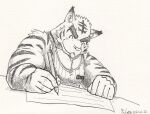  2022 anthro black_and_white clothing dacatw date eyebrows eyes_closed felid fur letter male mammal monochrome morenatsu muscular muscular_male pantherine pencil_(object) shirt signature solo striped_body striped_fur stripes tank_top thick_eyebrows tiger tongue tongue_out topwear torahiko_(morenatsu) video_games visual_novel writing_text 