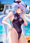 1girl ahoge bangs bare_arms bare_shoulders black_swimsuit blue_hair blue_sky breasts cloud covered_navel cowboy_shot day ganyu_(genshin_impact) genshin_impact groin hair_between_eyes highres horns large_breasts long_hair looking_at_viewer one-piece_swimsuit outdoors parted_lips pool purple_eyes sky solo squchan standing swimsuit thighs very_long_hair water water_drop 