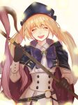  1girl artoria_caster_(fate) artoria_pendragon_(fate) blonde_hair blue_cape blurry blush bokeh brooch brown_gloves buttons cape cowboy_shot crying depth_of_field double-breasted double_bun facing_viewer fate/grand_order fate_(series) gloves hair_bun hat highres jacket jewelry kima_ma mage_staff smile solo_focus twintails white_background white_jacket 