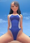  1boy 1girl black_hair blue_sky brown_eyes closed_mouth cloud cowgirl_position day girl_on_top ijiranaide_nagatoro-san long_hair looking_at_viewer nagatoro_hayase ocean outdoors putcher sky smile solo solo_focus straddling swimsuit 