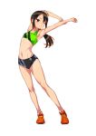  1girl armpits black_eyes black_hair breasts fujisawa_takashi multicolored_hair one_eye_closed orange_hair original ponytail small_breasts solo stretching tan tanlines track_and_field two-tone_hair white_background 