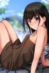  1girl absurdres arms_at_sides bangs bare_shoulders bath black_hair blue_sky blurry blurry_background blush breasts brown_eyes cloud commentary_request depth_of_field drying drying_body feet_out_of_frame from_side full-face_blush highres long_hair looking_at_viewer matsunaga_kouyou mountain naked_towel onsen original outdoors shiny shiny_skin sitting sky smile solo steam straight_hair towel tree water wet wet_hair 