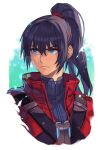  1boy bangs belt black_hair blue_eyes hair_between_eyes hair_tie hungry_clicker jacket male_focus noah_(xenoblade) ponytail red_jacket shirt shoulder_strap simple_background solo sweater turtleneck turtleneck_sweater upper_body white_background xenoblade_chronicles_(series) xenoblade_chronicles_3 