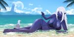  1girl beach bikini bird black_bikini blue_sky breasts colored_skin dark_elf day elf highres kaitofuuma large_breasts looking_at_viewer ocean original pointy_ears purple_eyes purple_skin seagull sky smile solo swimsuit water white_hair 