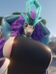  3d_(artwork) anthro beach big_breasts blender_(software) blue_body breasts clothing digital_media_(artwork) female hair hi_res legendary_pok&eacute;mon nintendo nipples pink_eyes pok&eacute;mon pok&eacute;mon_(species) purple_hair seaside solo suicune swimwear video_games white_body xlkev 