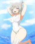  1girl absurdres animal_ears breasts cat_ears cat_girl closed_eyes fangs grey_hair highres medium_breasts mio_(xenoblade) ocean one-piece_swimsuit solo soulkibble swimsuit water xenoblade_chronicles_(series) xenoblade_chronicles_3 