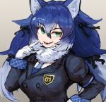  1girl adeshi_(adeshi0693119) animal_costume animal_ear_fluff animal_ears blazer blue_hair dire_wolf_(kemono_friends) gloves green_eyes highres jacket kemono_friends long_hair looking_at_viewer necktie open_mouth ribbon scarf simple_background smile solo teeth twintails wolf_costume wolf_ears wolf_girl 