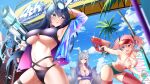  3girls absurdres animal_ears arms_under_breasts azur_lane bent_over between_breasts bikini bikini_under_clothes blue_eyes blue_hair breasts bremerton_(azur_lane) cleavage dripping festival food fox_ears fox_girl fox_tail gun highres ice_cream ice_cream_cone large_breasts leaning_forward multiple_girls navel nevven new_jersey_(azur_lane) open_mouth outdoors pink_eyes pink_hair pink_thighhighs rabbit_ears shinano_(azur_lane) summer swimsuit tail thick_thighs thigh_strap thighhighs thighs tongue tongue_out underboob water_gun weapon 