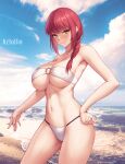  1girl artist_name aztodio beach bikini braid braided_ponytail breasts chainsaw_man collarbone hand_on_hip large_breasts lips looking_at_viewer makima_(chainsaw_man) medium_hair o-ring o-ring_bikini o-ring_top ocean outdoors parted_lips red_hair sand smile solo swimsuit white_bikini yellow_eyes 