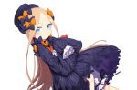  1girl abigail_williams_(fate) absurdres bangs black_bow black_dress black_headwear blonde_hair bloomers blue_eyes blush bow breasts daisi_gi dress fate/grand_order fate_(series) forehead hair_bow hat highres long_hair long_sleeves looking_at_viewer multiple_bows orange_bow parted_bangs polka_dot polka_dot_bow ribbed_dress sleeves_past_fingers sleeves_past_wrists small_breasts solo stuffed_animal stuffed_toy teddy_bear underwear white_bloomers 