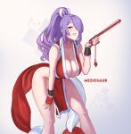  1girl alternate_costume alternate_hairstyle artist_name blush breasts camilla_(fire_emblem) cleavage collarbone commentary cosplay crossover english_commentary fatal_fury fire_emblem fire_emblem_fates folding_fan grin hair_over_one_eye hand_fan high_ponytail holding holding_fan japanese_clothes kimono large_breasts lips long_hair looking_at_viewer meziosaur ninja one_eye_covered pelvic_curtain pink_lips purple_eyes purple_hair red_kimono revealing_clothes shiranui_mai shiranui_mai_(cosplay) smile solo teeth the_king_of_fighters thighs wavy_hair white_background 