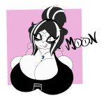  anthro asimplebun big_breasts breast_squish breasts cleavage cleavage_overflow clothed clothing cute_fangs digital_media_(artwork) female giant_panda hair hair_bun hi_res huge_breasts jacket looking_at_viewer mammal moon_hitosakuri_(asimplebun) multicolored_hair nervous_smile open_mouth simple_background solo squish text topwear ursid 