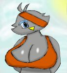  anthro avian beak big_breasts bird blue_eyebrows blue_eyes breasts busterblader347 cleavage clothed clothing cloud digital_media_(artwork) eye_patch eyebrows eyewear feathers female grey_body grey_feathers hi_res orange_clothing shiny_(disambiguation) simple_background solo sunny yellow_beak 