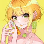  1girl absurdres bangs bare_shoulders blonde_hair collarbone commentary earrings food food-themed_earrings food-themed_hair_ornament fruit green_eyes green_nails hair_ornament highres holding idolmaster idolmaster_cinderella_girls jewelry lemon lemon_earrings lemon_slice lime_(fruit) lime_earrings lime_slice lips looking_at_viewer miyamoto_frederica nail_polish orange_nails parted_lips short_hair sidelocks simple_background smile solo yellow_background yellow_theme yuu_(higashi_no_penguin) 