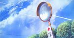  absurdres arrow_(symbol) blue_sky cloud color_creation commentary_request highres no_humans original outdoors power_lines reflection scenery sky traffic_mirror translation_request 