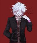  1boy arm_behind_back bangs bibon_(boileddangan) black_jacket chain collar collarbone commentary_request danganronpa_(series) danganronpa_another_episode:_ultra_despair_girls hair_between_eyes highres jacket komaeda_nagito long_sleeves male_focus medium_hair messy_hair nail_polish open_clothes open_jacket red_background red_nails servant_(danganronpa) shirt smile striped striped_shirt tongue tongue_out white_hair 