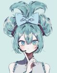  1girl 3j_dangan aqua_eyes aqua_hair aqua_necktie bare_shoulders blue_background blue_bow blue_nails bow cinnamiku double_bun finger_to_face hair_bow hair_bun hatsune_miku headset highres looking_up microphone nail necktie number_tattoo open_mouth sleeveless solo tattoo updo vocaloid 