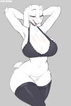  2022 anthro big_breasts blush boss_monster bottomless bovid bra breasts caprine cleavage clothed clothing cooliehigh crotch_tuft eyes_closed female fur grey_background hands_behind_head hi_res horn huge_breasts legwear mammal mature_anthro mature_female navel open_mouth open_smile raised_arm simple_background smile solo thigh_highs toriel tuft undertale undertale_(series) underwear video_games white_body white_fur 