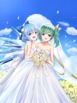  2girls :d bare_arms bare_shoulders blue_eyes blue_hair blue_sky bouquet bow bridal_veil cirno cloud collarbone daiyousei day dress flower green_eyes green_hair green_ribbon hair_bow hair_flower hair_ornament hair_ribbon highres holding holding_bouquet kachuten long_dress looking_at_viewer medium_hair multiple_girls open_mouth outdoors petals ribbon shiny shiny_hair side_ponytail sky smile strapless strapless_dress touhou veil wedding_dress white_dress white_flower wife_and_wife yellow_bow yellow_flower 