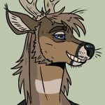  1:1 anthro beard black_nose brown_beard brown_body brown_ears brown_fur brown_hair cervid facial_hair fur green_background grin hair horizontal_pupils imperatorcaesar low_res male mammal messy_hair pupils short_hair simple_background smile solo tan_antlers tan_inner_ear 