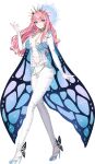  1girl blue_footwear breasts butterfly_wings cleavage commission cosplay floating_hair head_tilt high_heels highres indie_virtual_youtuber long_hair maya_(vtuber)_(artist) medium_breasts monarch_(amalee) monarch_(amalee)_(cosplay) navel pants pink_hair production_kawaii reina_sun_(vtuber) second-party_source smile solo virtual_youtuber walking white_background white_pants wings 