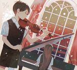  1boy 1girl black_hair bow_(music) closed_eyes dated grand_piano indoors instrument long_hair mari_(omori) music omori piano playing_instrument shima_(vivi_do) short_hair short_sleeves sitting spoilers sunny_(omori) violin window 