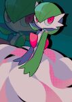  1girl absurdres aqua_background bangs bob_cut colored_skin commentary drop_shadow flat_chest gardevoir green_hair green_skin hair_between_eyes highres looking_to_the_side multicolored_skin no_mouth pokefia pokemon pokemon_(creature) red_eyes short_hair sitting solo two-tone_skin white_skin zoom_layer 