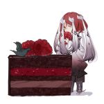  bob_cut cake cake_slice character_request chibi chocolate_cake code009 eating food food_request fruit hands_up holding holding_food in_food long_sleeves looking_away looking_down multicolored_hair pants red_hair robe shanhai_jing_hua shoes short_hair_with_long_locks simple_background solo standing two-tone_hair white_background white_hair wide_sleeves yellow_eyes 