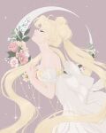  1girl bare_shoulders bishoujo_senshi_sailor_moon blonde_hair bow breasts chel_faust closed_eyes crescent_moon dress earrings english_commentary flower grey_background hair_ornament highres jewelry long_hair moon pixel_art princess_serenity profile simple_background small_breasts solo star_(sky) tsukino_usagi twintails very_long_hair white_bow white_dress 