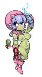  1girl alien arm_up bangs black_eyes boots breasts character_request colored_nipples colored_skin creature_and_personification energy_gun full_body gloves green_skin gun hair_between_eyes holding holding_gun holding_weapon inverted_nipples knee_boots large_breasts leg_up navel nipples no_nose nyong_nyong personification pink_footwear pink_gloves purple_hair purple_nipples purple_pussy pussy ray_gun reference_inset short_hair simple_background solo terraria uncensored weapon white_background 