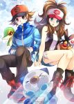  &gt;_&lt; 1boy 1girl :o against_glass baseball_cap black_vest blue_eyes blue_jacket boots brown_eyes brown_hair commentary_request hands_in_pockets hat highres hilbert_(pokemon) hilda_(pokemon) jacket long_hair long_sleeves open_mouth oshawott pants pokemon pokemon_(creature) pokemon_(game) pokemon_bw red_footwear shirt shoes short_hair short_shorts shorts sidelocks sleeveless sleeveless_shirt snivy starter_pokemon_trio tepig twitter_username vest white_shirt yomogi_(black-elf) zipper_pull_tab 