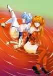  2girls absurdres alternate_costume ayanami_rei back-to-back bare_shoulders blue_eyes blue_hair blush breasts elbow_gloves full_body gloves hair_between_eyes halterneck headgear highres leg_up leotard long_hair looking_at_viewer medium_breasts multiple_girls neon_genesis_evangelion orange_hair parted_lips partially_submerged plugsuit red_eyes red_thighhighs ripples short_hair sitting souryuu_asuka_langley spykeee thighhighs thighs twintails white_thighhighs 