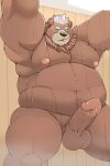 2022 anthro balls belly big_belly bodily_fluids brown_body cheezypb erection genitals goro_(live-a-hero) hi_res lifewonders live-a-hero male mammal moobs navel nipples obese obese_male overweight overweight_male penis solo sweat ursid video_games 