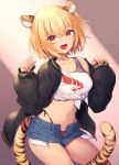  1girl :d animal_ears bare_shoulders black_jacket blonde_hair blue_shorts breasts collarbone commission crop_top denim denim_shorts exposed_pocket fangs front-tie_top hands_up highleg highleg_panties highres jacket long_sleeves looking_at_viewer medium_breasts midriff navel off_shoulder open_clothes open_fly open_jacket open_mouth orange_eyes original panties puffy_sleeves shirt short_hair short_shorts shorts side-tie_panties skeb_commission sleeveless sleeveless_shirt smile solo stomach string_panties tail thighs tiger_ears tiger_girl tiger_tail tomobe_kinuko underwear white_shirt 