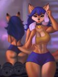  2022 abs anthro aozee beauty_mark biped black_nose blue_hair bottomwear bra breasts butt canid canine carmelita_fox cleavage clothed clothing curvy_figure detailed_background digital_media_(artwork) dipstick_ears drying dumbbell ear_piercing ear_ring female fox fully_clothed fur gym gym_bottomwear gym_clothing gym_shorts hair hi_res holding_object holding_towel inside looking_at_viewer mammal multicolored_ears orange_body orange_fur pendant piercing prick_ears reflection ring_piercing shorts sly_cooper_(series) solo sony_corporation sony_interactive_entertainment sports_bra standing sucker_punch_productions towel underwear video_games weights 