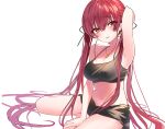  1girl armpits bangs blush breasts cleavage commentary_request hair_ribbon heterochromia highres hololive houshou_marine jewelry large_breasts long_hair looking_at_viewer navel necklace presenting_armpit red_eyes red_hair red_ribbon ribbon smile solo tongue tongue_out twintails very_long_hair virtual_youtuber yellow_eyes yoshioka_pochi 