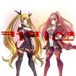  2girls azur_lane boots breasts cleavage_cutout clothing_cutout cosplay costume_switch fire_emblem fire_emblem:_three_houses hilda_valentine_goneril hilda_valentine_goneril_(cosplay) korean_commentary korean_text large_breasts long_hair military military_uniform multiple_girls naval_uniform nelson_(azur_lane) nelson_(azur_lane)_(cosplay) older star_(symbol) thigh_boots uniform zergling_(cdror1004) 