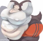  absurd_res anthro beastars belly belly_overhang big_belly big_breasts big_butt blush bottomwear breasts brown_body brown_fur butt canid canine canis chubby_cheeks cleavage clothed clothing double_chin embarrassed female fur hi_res huge_breasts huge_butt huge_thighs hyper hyper_belly juno_(beastars) looking_at_viewer love_handles mammal morbidly_obese nemata0 nipple_outline obese overweight portrait shorts simple_background solo sportswear standing stretching thick_thighs three-quarter_portrait tight_clothing torn_clothing wide_hips wolf 