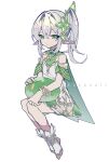  1girl absurdres bangs bracelet cape dress female_child genshin_impact green_cape green_eyes grey_hair highres jewelry kusanali_(genshin_impact) pointy_ears side_ponytail sitting slime_(genshin_impact) solo toeless_footwear vixsi_art white_background white_dress white_footwear 