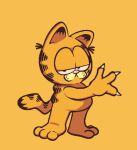  2022 3_fingers 3_toes :&lt; anthro barefoot big_head black_body black_ears black_eyes black_fur black_tail bored_expression chubby_anthro chubby_male claws domestic_cat featureless_crotch feet felid feline felis fingers fur garfield_(series) garfield_the_cat half-closed_eyes hi_res long_tail looking_at_viewer male mammal multicolored_body multicolored_ears multicolored_fur multicolored_tail narrowed_eyes nude orange_background orange_body orange_ears orange_fur orange_tail pink_nose pose raised_arm shadow sharp_claws simple_background slightly_chubby sludgetoons solo standing toes toony 