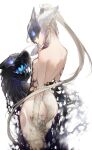  1girl animal_ears animal_hands ass aura back blue_eyes crack cracked_mask finger_to_mouth fox_mask fur glowing glowing_eyes glowing_mouth glowing_tattoo grey_hair highres kindred_(league_of_legends) lamb_(league_of_legends) league_of_legends long_hair looking_at_another mask milaria nude parted_lips personification ponytail shushing simple_background tail tattoo very_long_hair white_background wolf_(league_of_legends) 