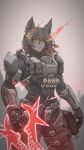  1girl absurdres armor colored_skin commission fire grey_skin half-closed_eyes halo_(series) hellhound_(monster_girl_encyclopedia) highres monster_girl_encyclopedia pouch scar scar_on_face solo spartan_(halo) standing type-1_energy_sword virtual_youtuber weapon zhvo 
