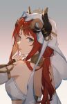  1girl absurdres arabian_clothes bare_shoulders blue_eyes breasts crop_top forehead_jewel genshin_impact half-closed_eyes highres horns long_hair looking_at_viewer looking_back low_twintails nilou_(genshin_impact) red_hair riknz smile solo twintails upper_body vambraces veil 